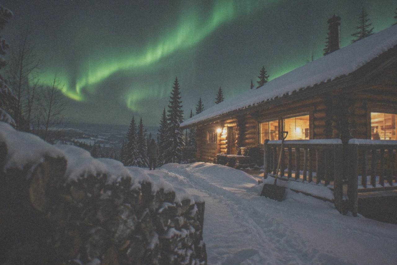 A snow-covered lodge under a green aurora display in the hills outside Fairbanks